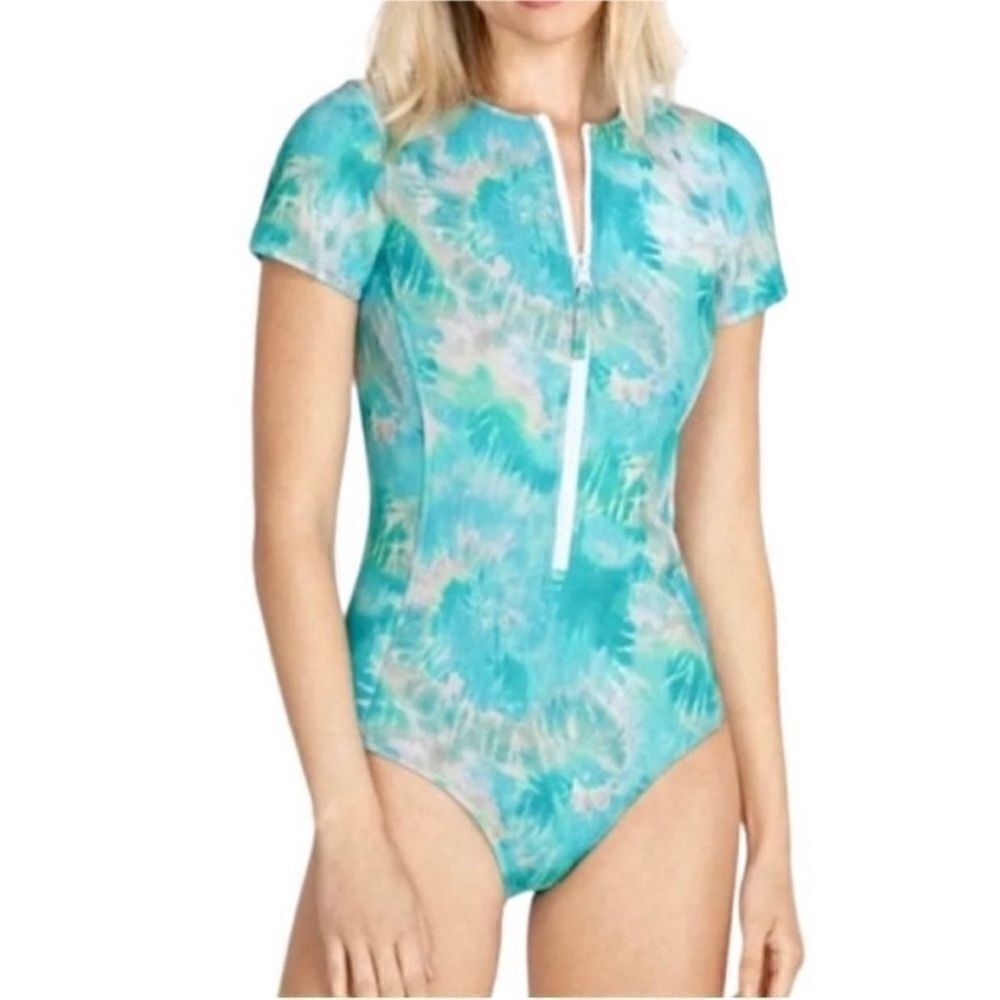 Short-Sleeve Aqua Tie-Dye One-Piece Swimsuit with Front Zip